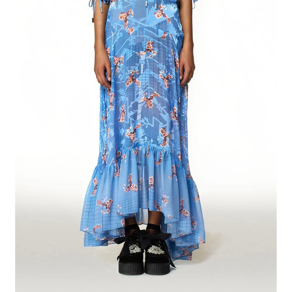 PREEN LINE Floral Print Silk Ruffle Midi Skirt Womens Small Silk Boho Asymmetric